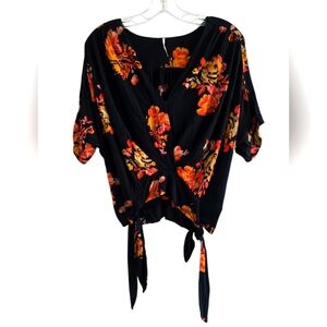 Free People Hacienda Orange/Black Floral Blouse With Dolman Sleeves Size Small
